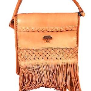 LEATHER SHOULDER BAG WITH HAND CUT FRINGE AND HIDDEN-END BRAID, TAG ON, 9 ¼ x 9 